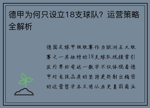 德甲为何只设立18支球队？运营策略全解析